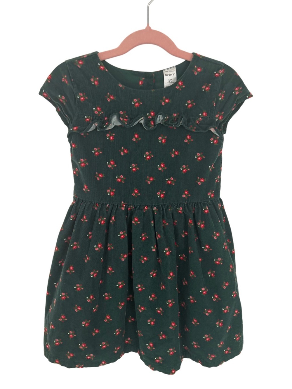 Carter's Toddler Girls Green Corduroy Floral Dress 5T Ruffle Button Back